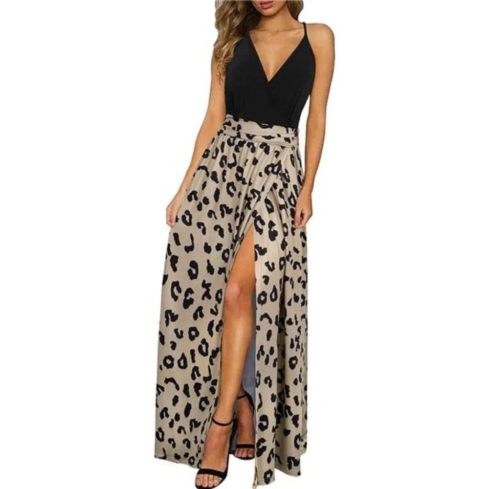 Women's V Neck Spaghetti Strap Sleeveless Casual Split Long Maxi Dress